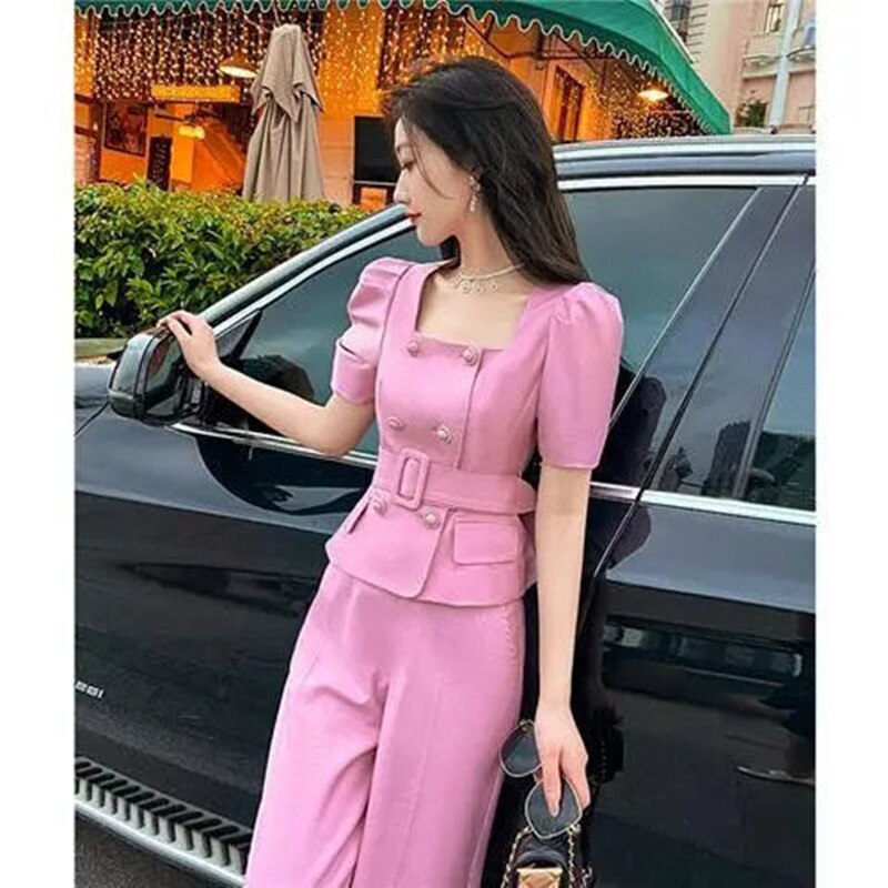 Belt Decorative Short Sleeve Jacket Blazer Casual Wide Leg Pants Two