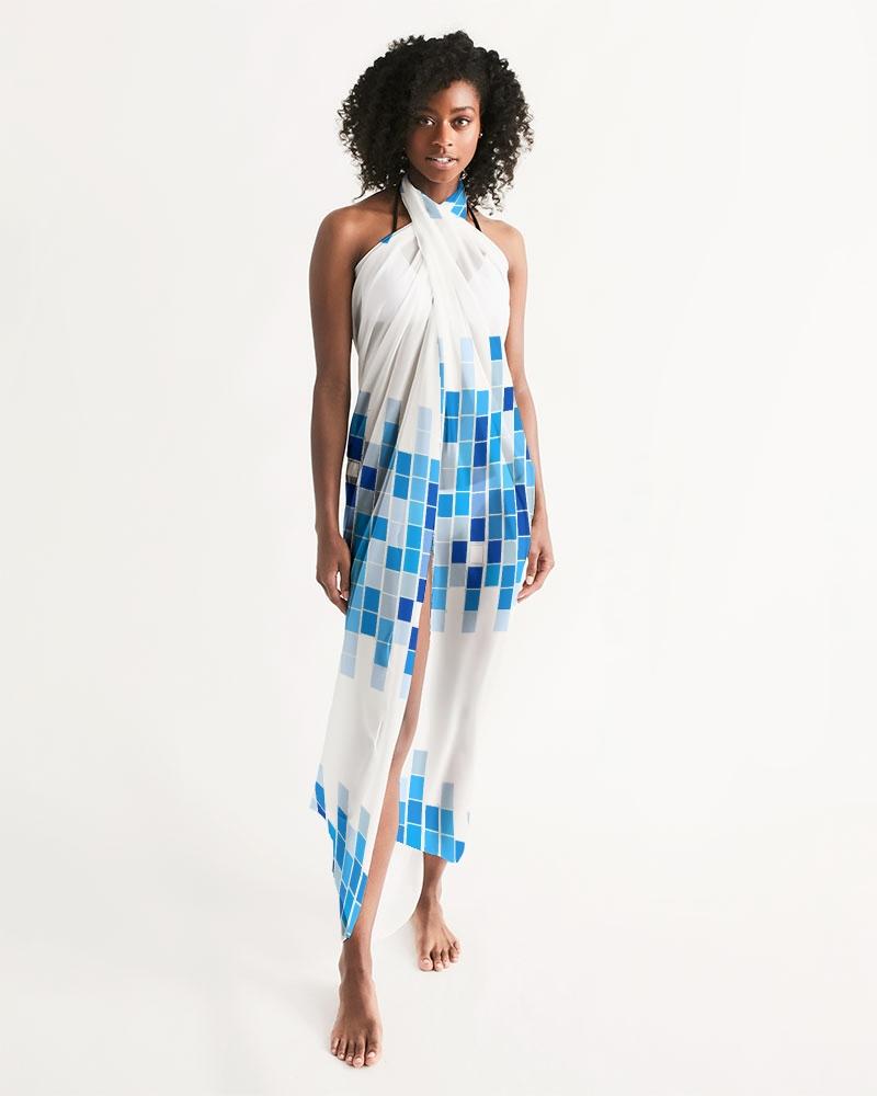 Uniquely You Sheer Mosaic Square White and Blue Swimsuit Cover Up