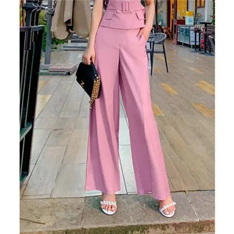 Belt Decorative Short Sleeve Jacket Blazer Casual Wide Leg Pants Two