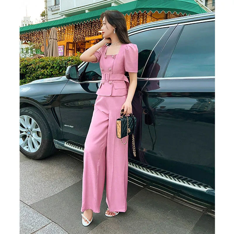 Belt Decorative Short Sleeve Jacket Blazer Casual Wide Leg Pants Two