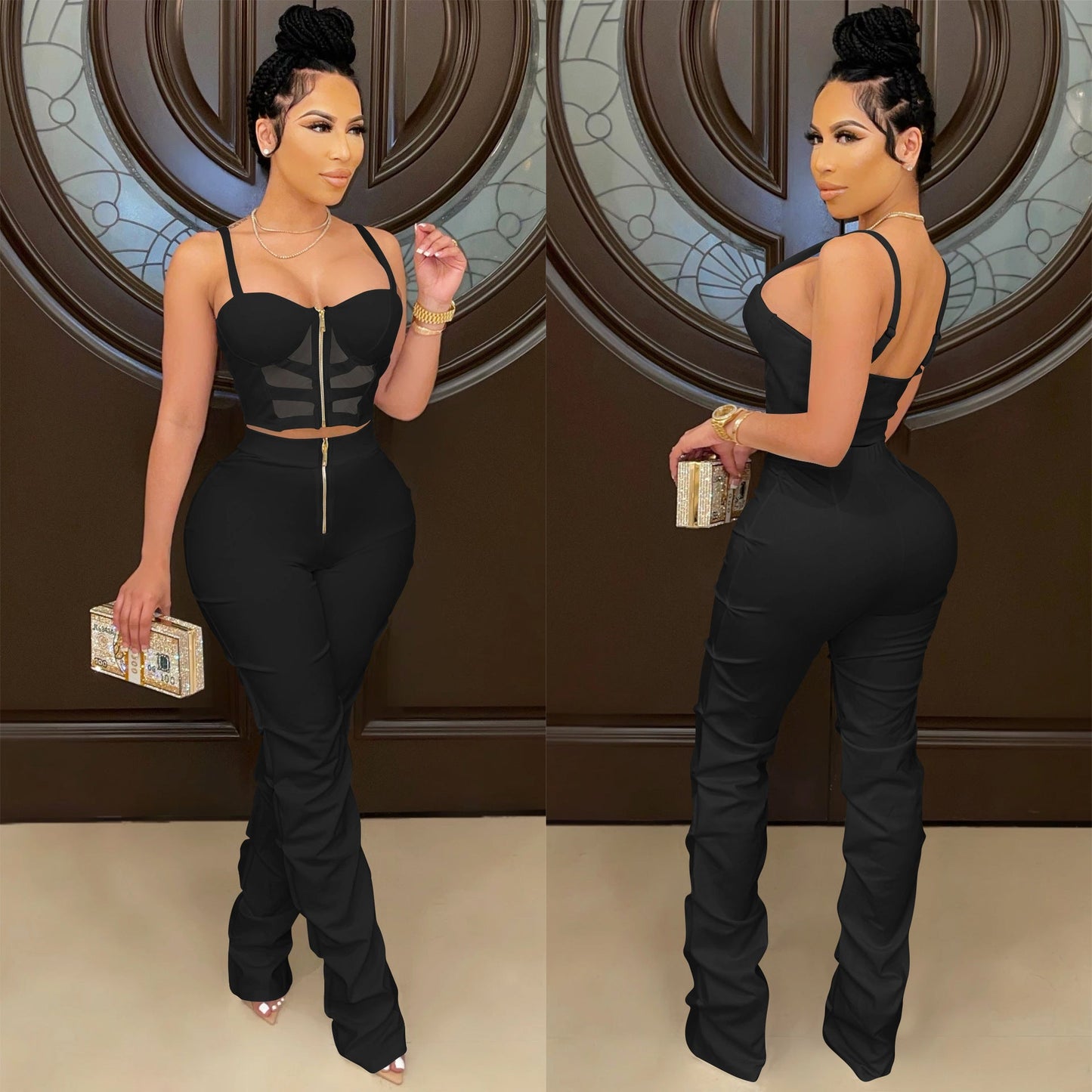 Camisole Wrapped Bust Zipper Vest and Pants Set