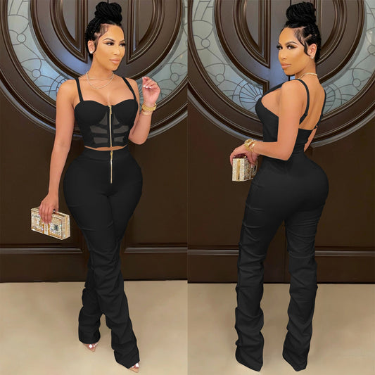 Camisole Wrapped Bust Zipper Vest and Pants Set