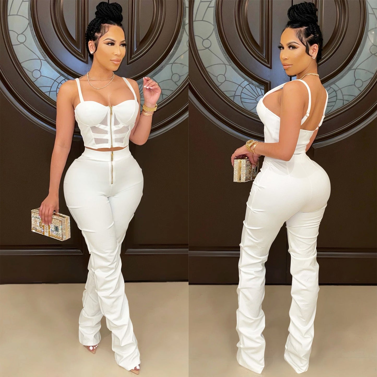 Camisole Wrapped Bust Zipper Vest and Pants Set