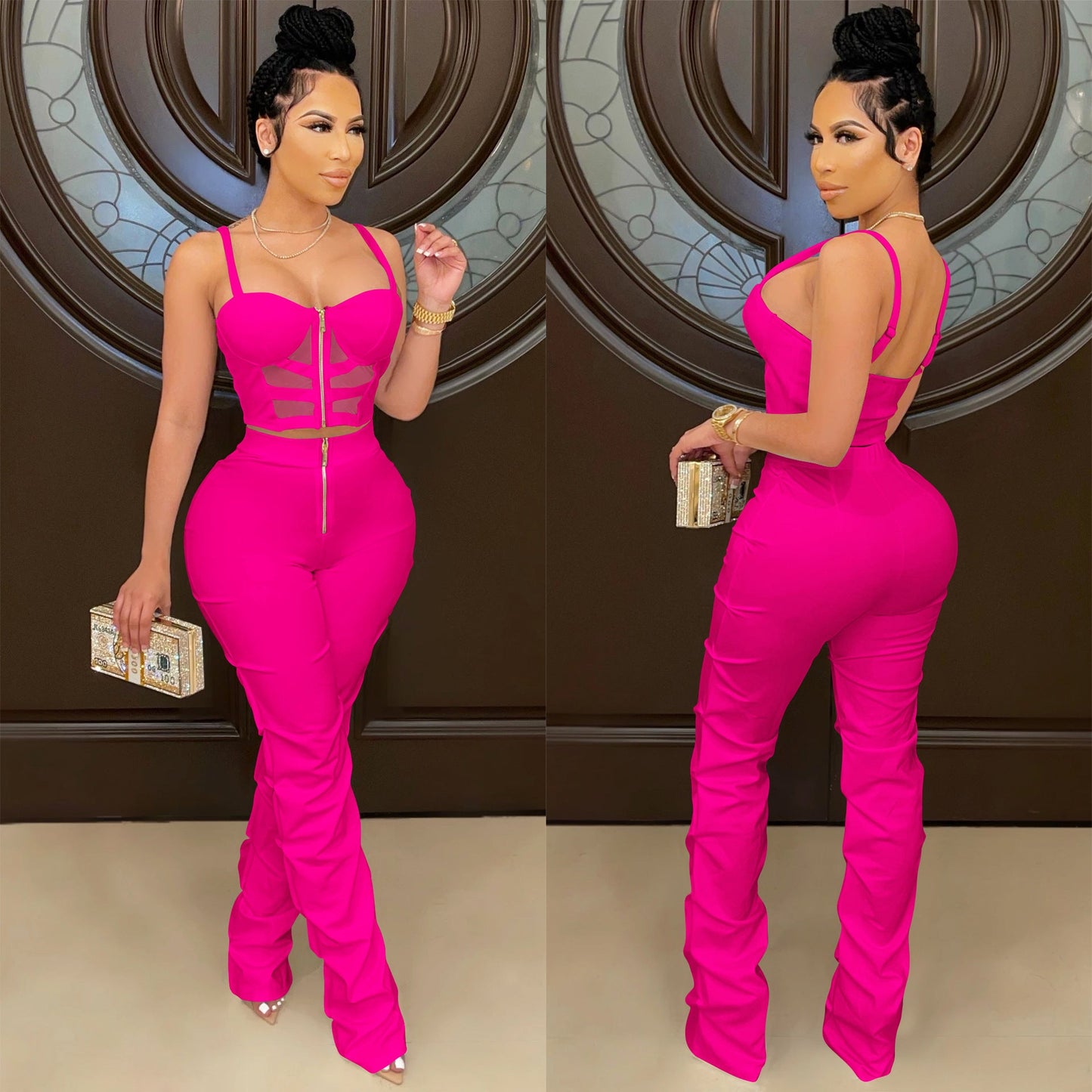 Camisole Wrapped Bust Zipper Vest and Pants Set